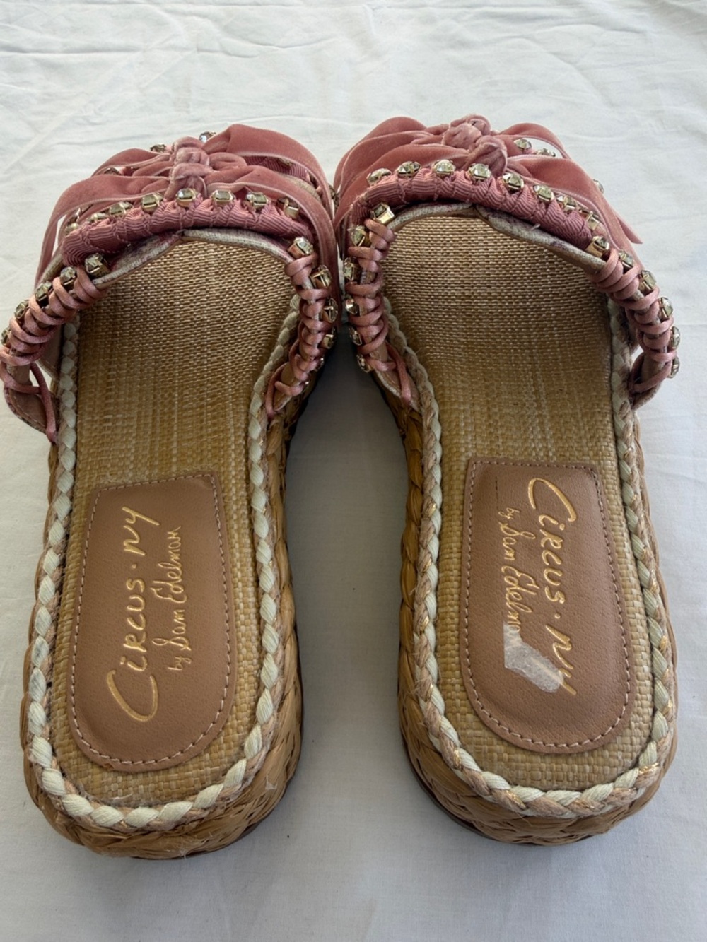 Sam Edelman Wyatt Sz 8 Pink Mixed media ribbon &  Rhinestone Sandals NEW - Picture 5 of 16